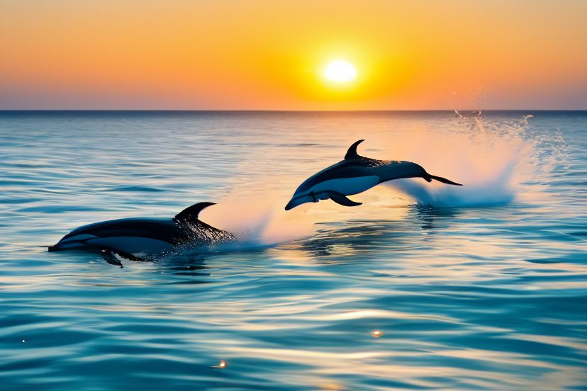 Dolphins Jumping with Sunset